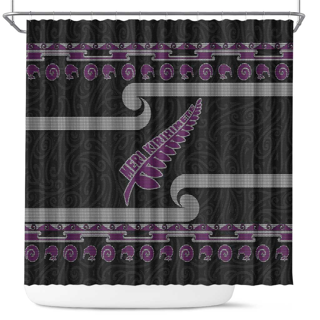 New Zealand Christmas Shower Curtain Meri Kirihimete Silver Fern Knit Style Purple Color - Polynesian Pride