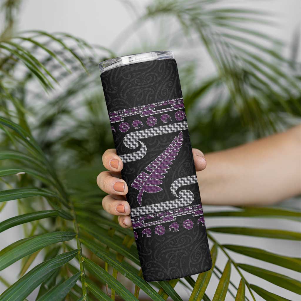 New Zealand Christmas Skinny Tumbler Meri Kirihimete Silver Fern Knit Style Purple Color - Polynesian Pride