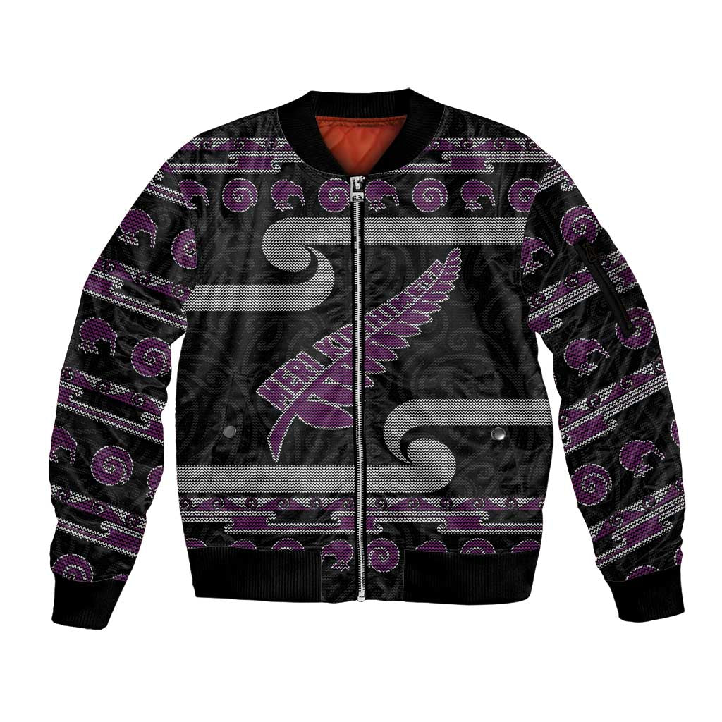 New Zealand Christmas Sleeve Zip Bomber Jacket Meri Kirihimete Silver Fern Knit Style Purple Color - Polynesian Pride