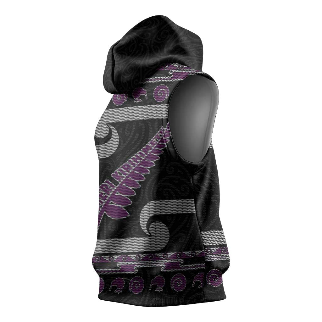 New Zealand Christmas Sleeveless Hoodie Meri Kirihimete Silver Fern Knit Style Purple Color - Polynesian Pride