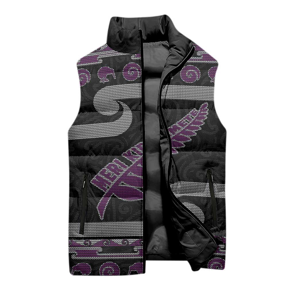 New Zealand Christmas Sleeveless Puffer Jacket Meri Kirihimete Silver Fern Knit Style Purple Color - Polynesian Pride