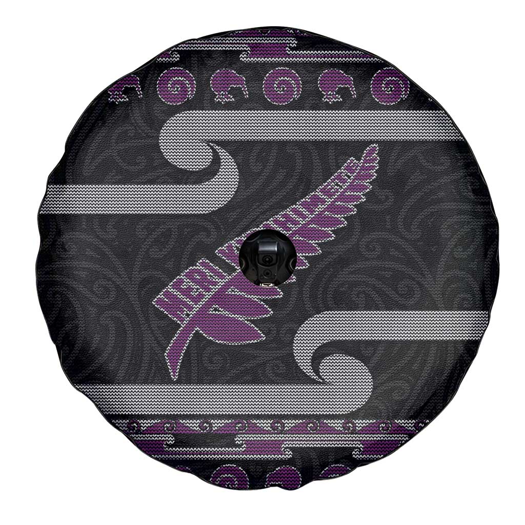 New Zealand Christmas Spare Tire Cover Meri Kirihimete Silver Fern Knit Style Purple Color - Polynesian Pride