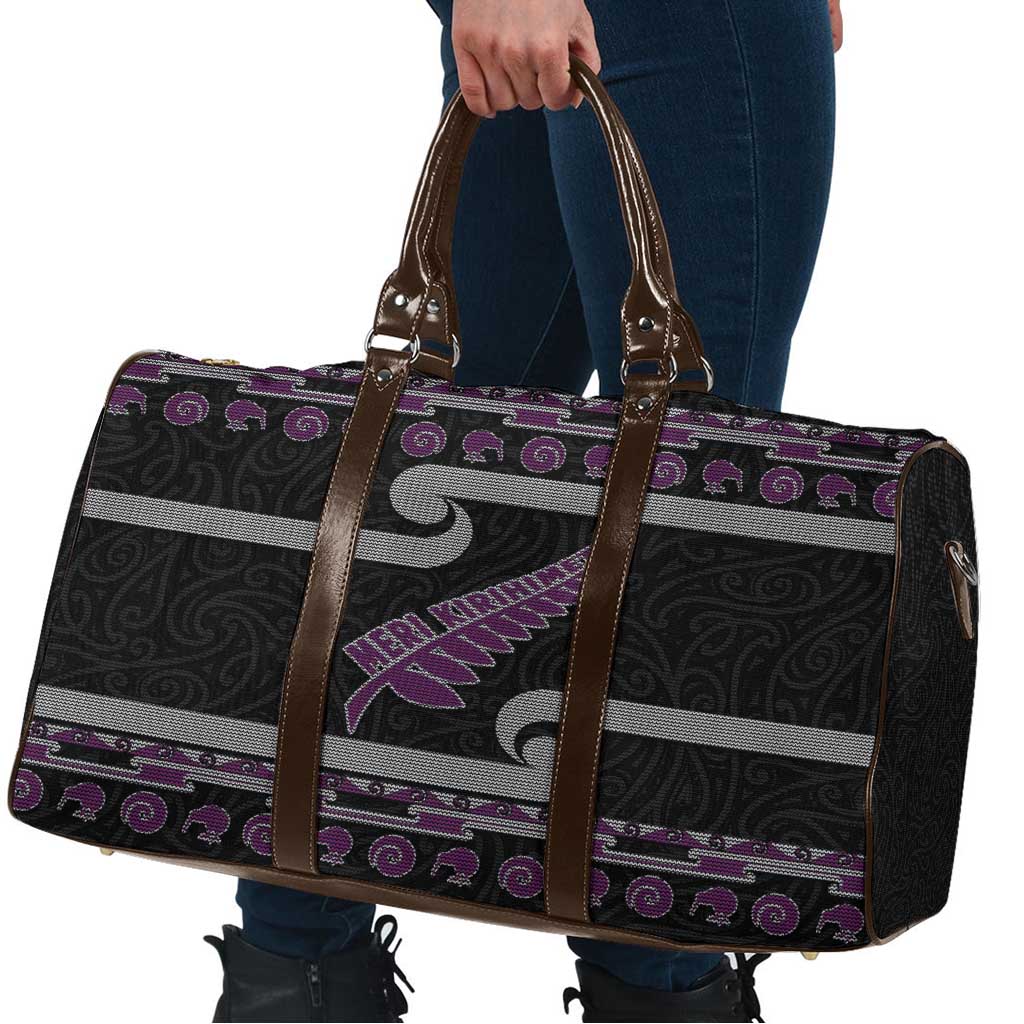 New Zealand Christmas Travel Bag Meri Kirihimete Silver Fern Knit Style Purple Color - Polynesian Pride