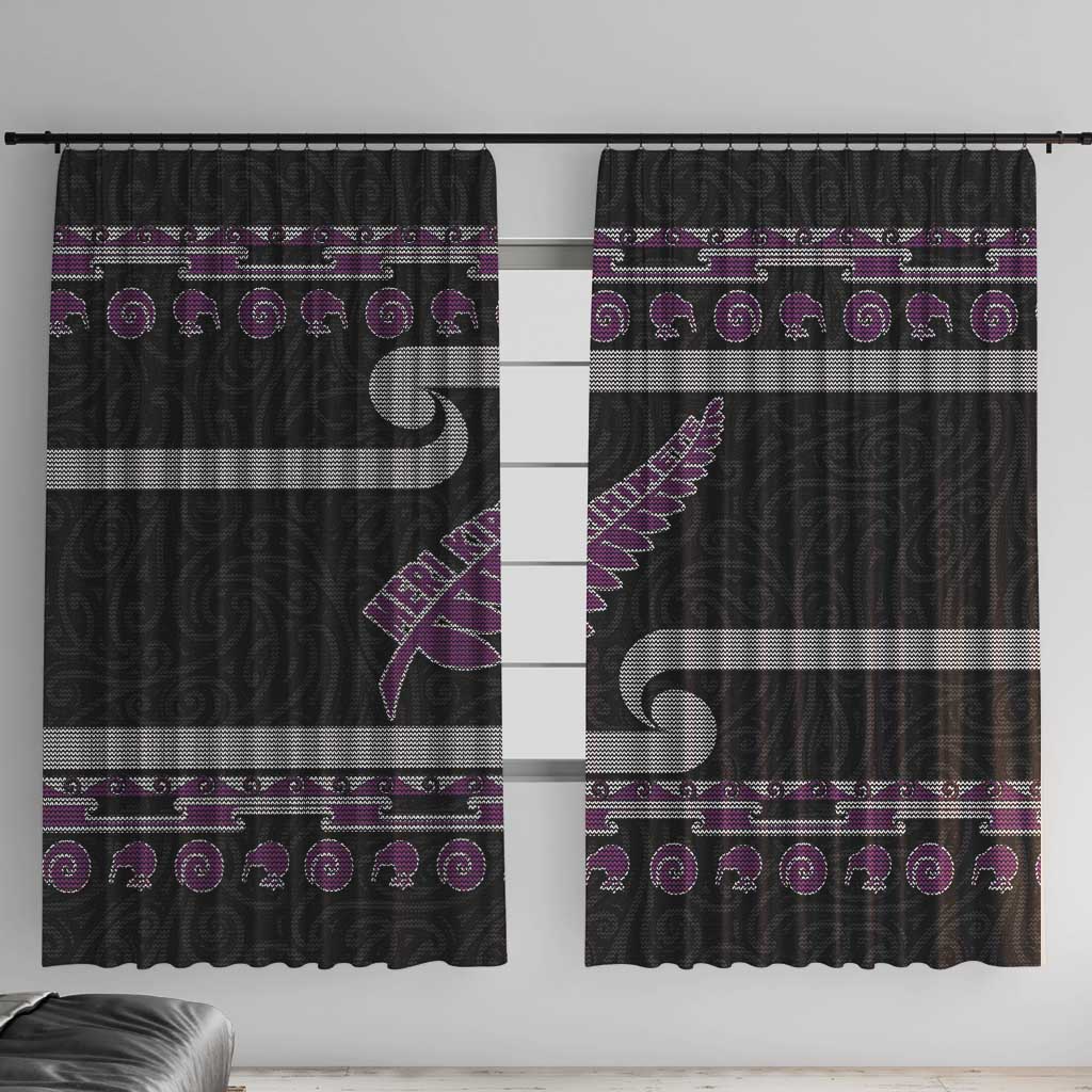 New Zealand Christmas Window Curtain Meri Kirihimete Silver Fern Knit Style Purple Color - Polynesian Pride