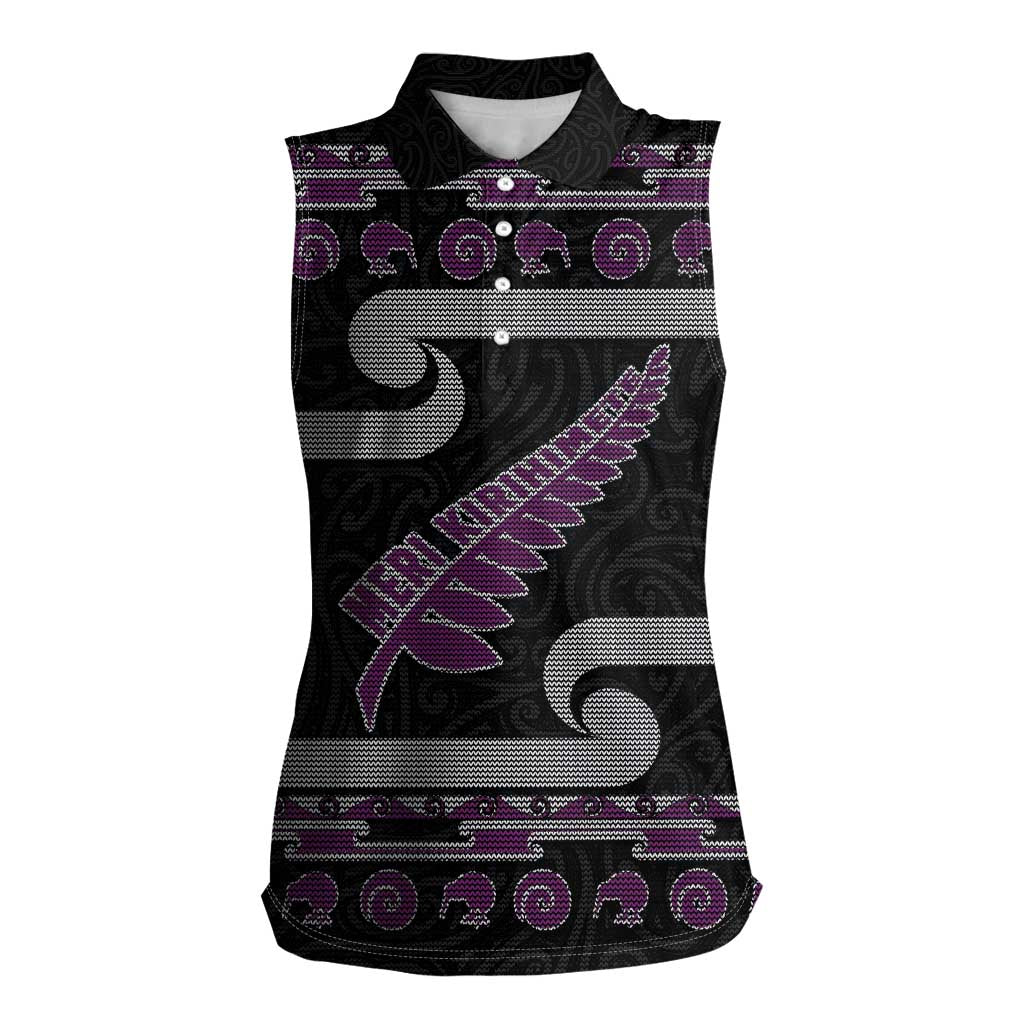 New Zealand Christmas Women Sleeveless Polo Shirt Meri Kirihimete Silver Fern Knit Style Purple Color - Polynesian Pride