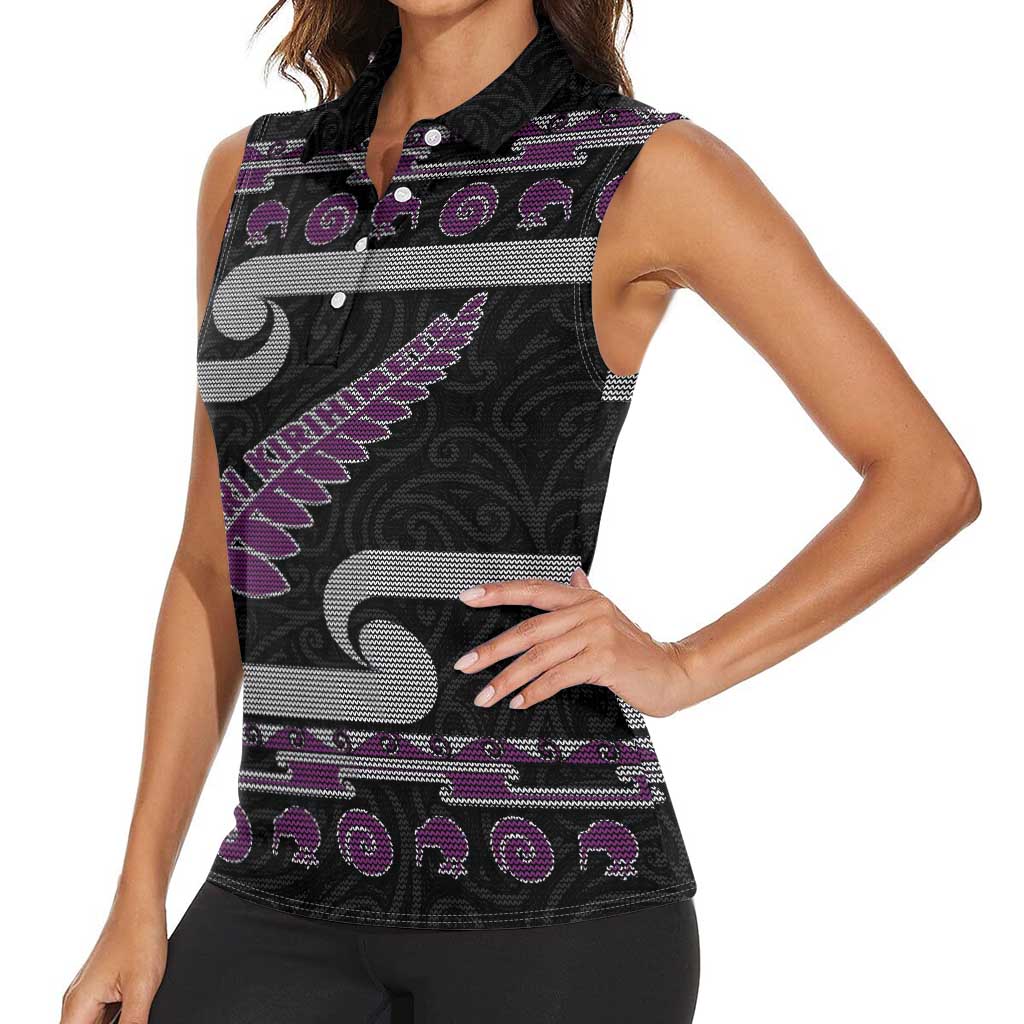 New Zealand Christmas Women Sleeveless Polo Shirt Meri Kirihimete Silver Fern Knit Style Purple Color - Polynesian Pride