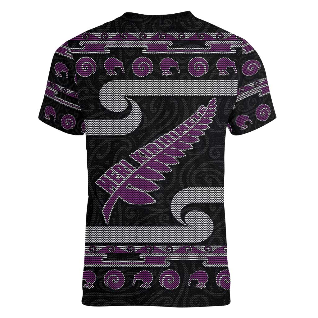 New Zealand Christmas Women V-Neck T-Shirt Meri Kirihimete Silver Fern Knit Style Purple Color - Polynesian Pride