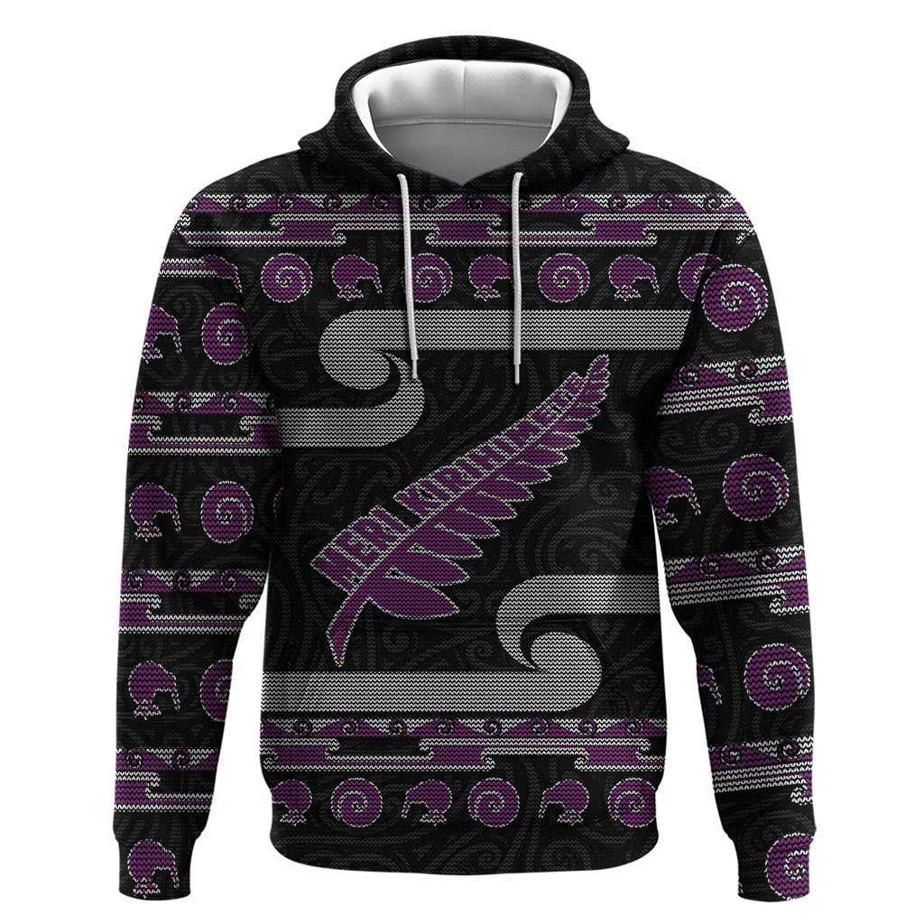 New Zealand Christmas Zip Hoodie Meri Kirihimete Silver Fern Knit Style Purple Color - Polynesian Pride