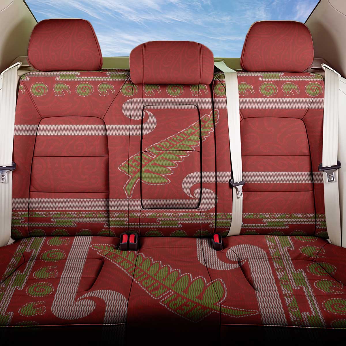 New Zealand Christmas Back Car Seat Cover Meri Kirihimete Silver Fern Knit Style Green Color - Polynesian Pride