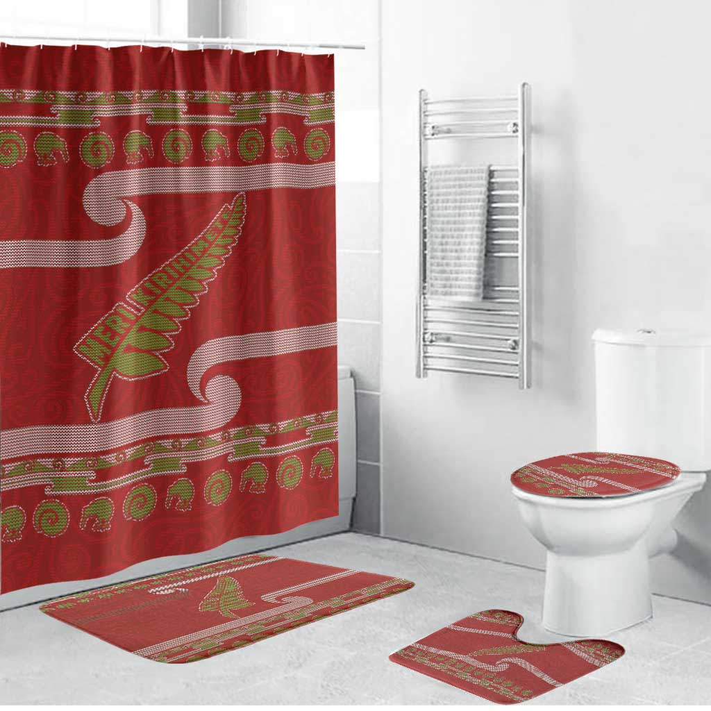 New Zealand Christmas Bathroom Set Meri Kirihimete Silver Fern Knit Style Green Color - Polynesian Pride