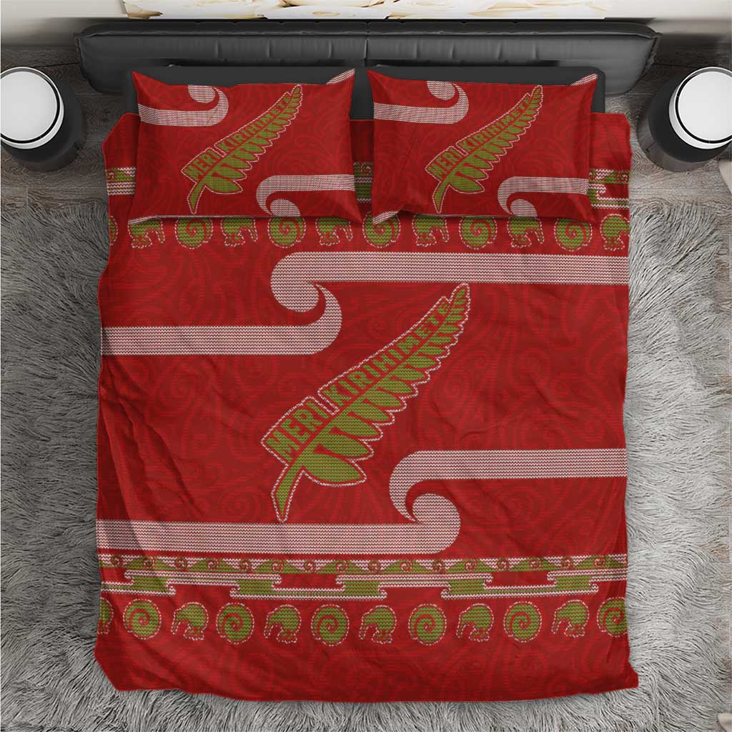 New Zealand Christmas Bedding Set Meri Kirihimete Silver Fern Knit Style Green Color - Polynesian Pride