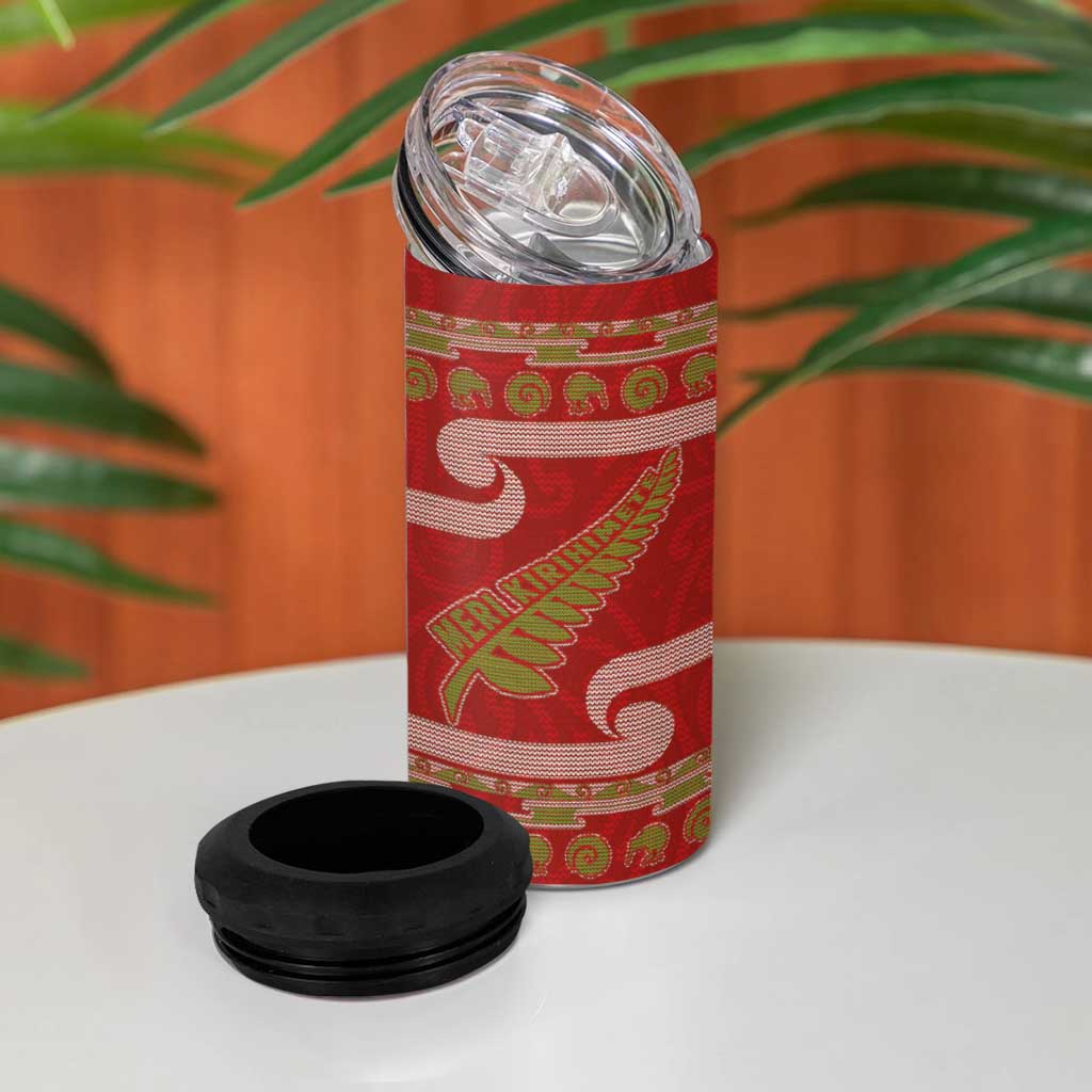 New Zealand Christmas 4 in 1 Can Cooler Tumbler Meri Kirihimete Silver Fern Knit Style Green Color - Polynesian Pride