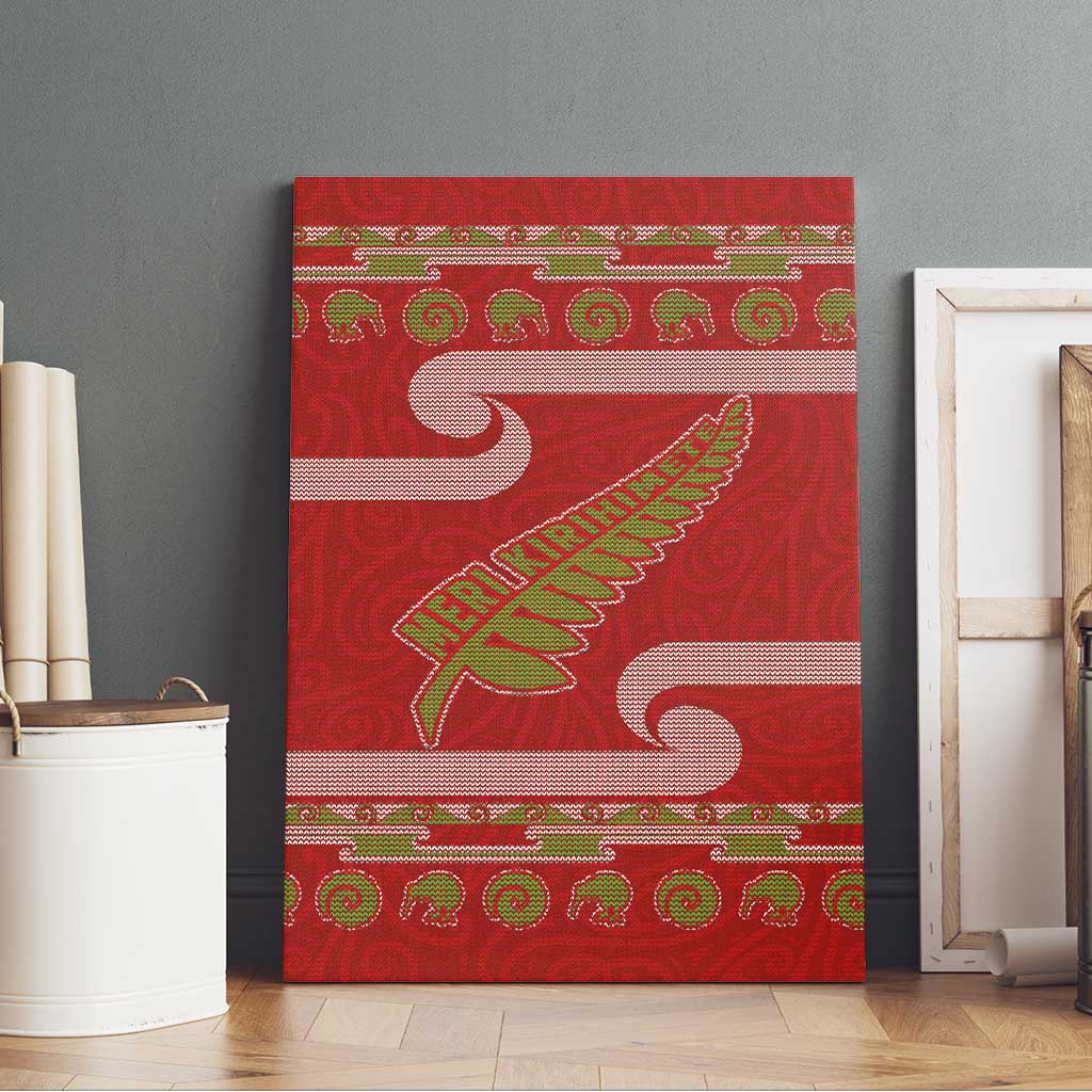 New Zealand Christmas Canvas Wall Art Meri Kirihimete Silver Fern Knit Style Green Color - Polynesian Pride
