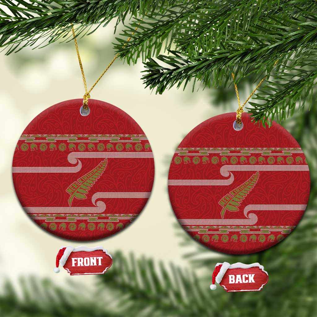 New Zealand Christmas Ceramic Ornament Meri Kirihimete Silver Fern Knit Style Green Color - Polynesian Pride