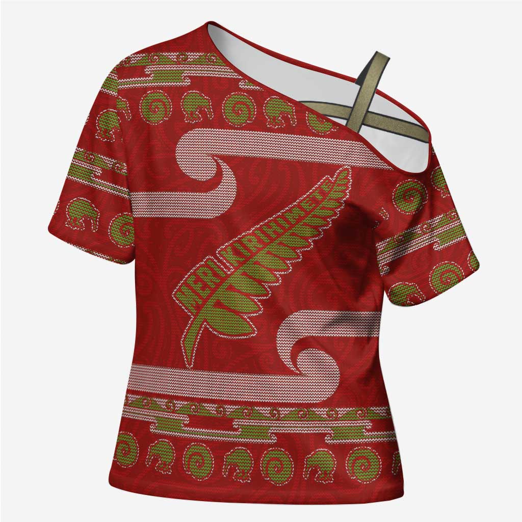 New Zealand Christmas Cross Shoulder Shirt Meri Kirihimete Silver Fern Knit Style Green Color - Polynesian Pride