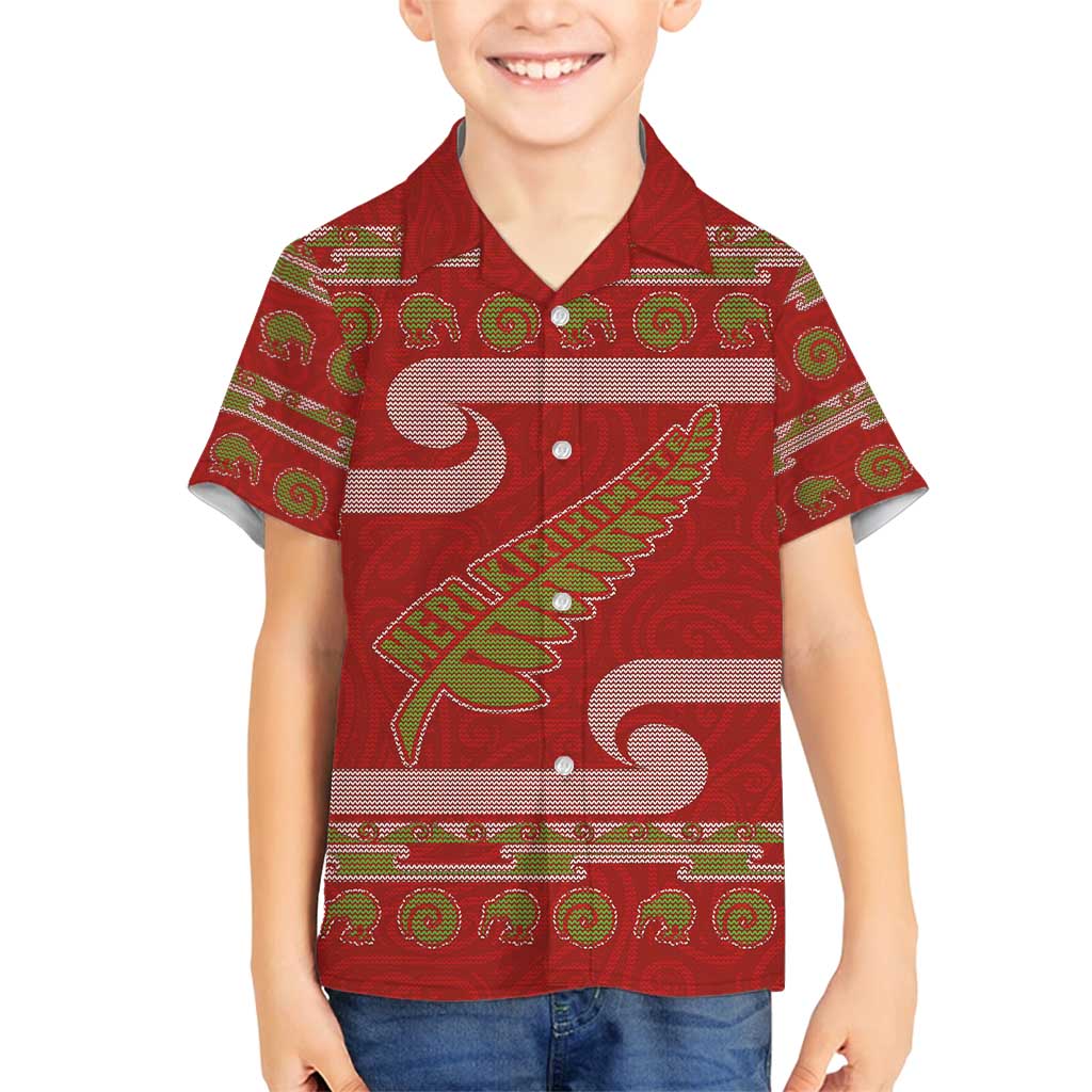 New Zealand Christmas Family Matching Long Sleeve Bodycon Dress and Hawaiian Shirt Meri Kirihimete Silver Fern Knit Style Green Color - Polynesian Pride