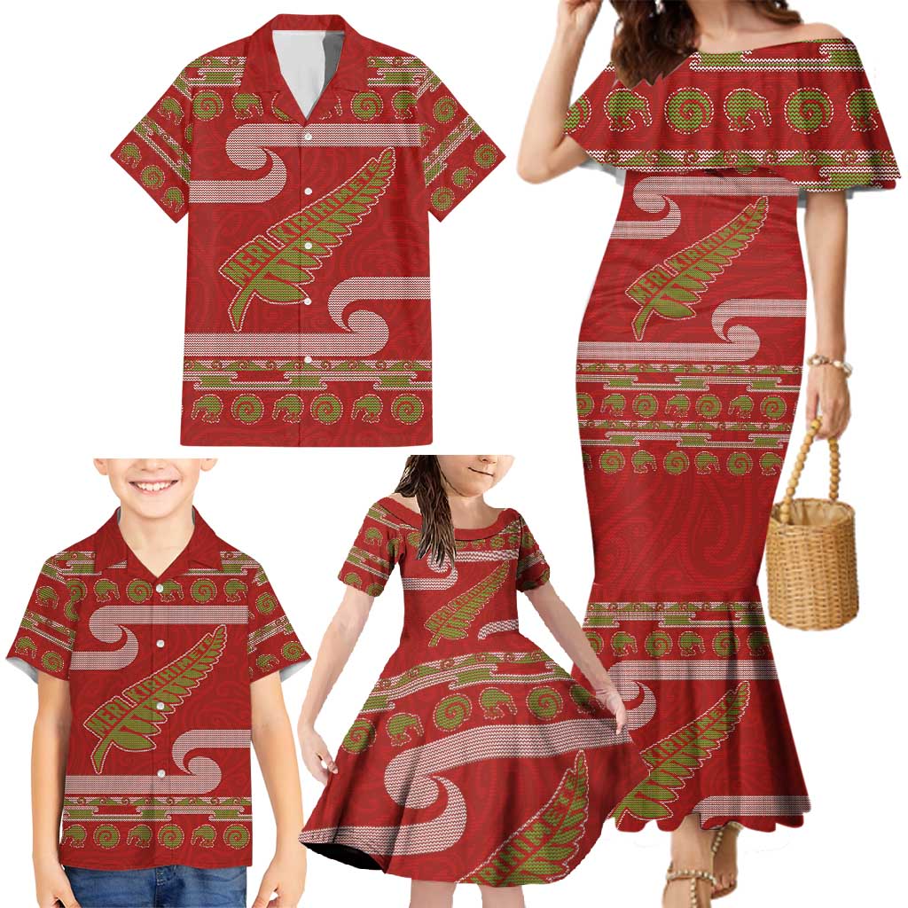 New Zealand Christmas Family Matching Mermaid Dress and Hawaiian Shirt Meri Kirihimete Silver Fern Knit Style Green Color - Polynesian Pride