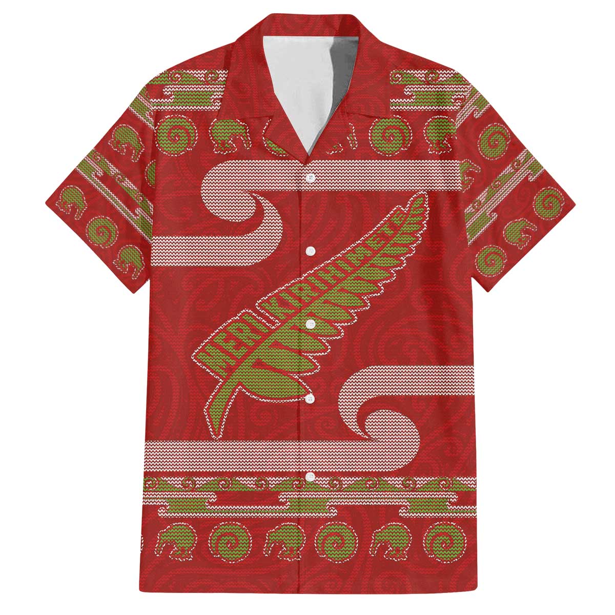 New Zealand Christmas Family Matching Off The Shoulder Long Sleeve Dress and Hawaiian Shirt Meri Kirihimete Silver Fern Knit Style Green Color - Polynesian Pride