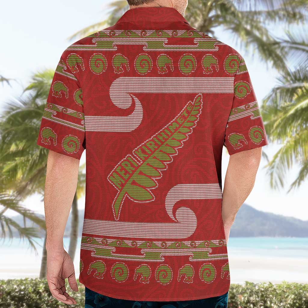 New Zealand Christmas Hawaiian Shirt Meri Kirihimete Silver Fern Knit Style Green Color - Polynesian Pride