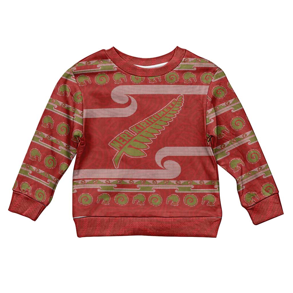 New Zealand Christmas Kid Ugly Christmas Sweater Meri Kirihimete Silver Fern Knit Style Green Color - Polynesian Pride