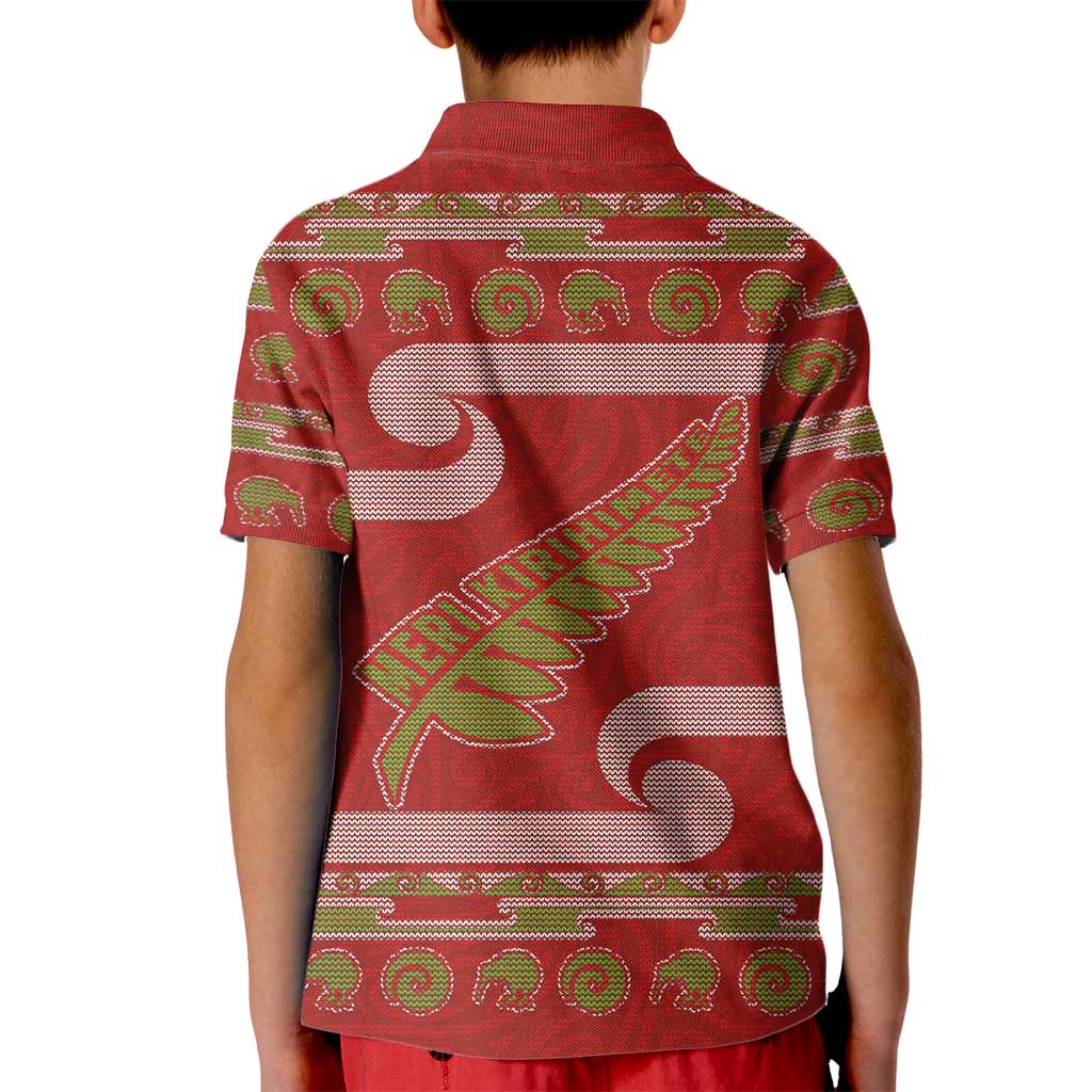New Zealand Christmas Kid Polo Shirt Meri Kirihimete Silver Fern Knit Style Green Color - Polynesian Pride