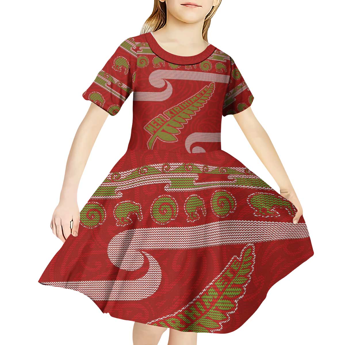 New Zealand Christmas Kid Short Sleeve Dress Meri Kirihimete Silver Fern Knit Style Green Color - Polynesian Pride