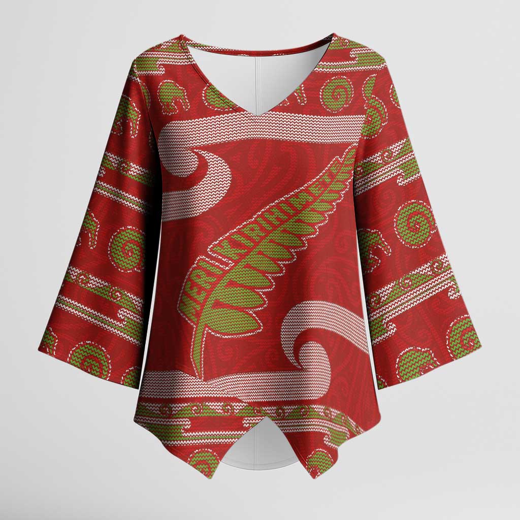 New Zealand Christmas Kimono Sleeve Blouse Meri Kirihimete Silver Fern Knit Style Green Color - Polynesian Pride