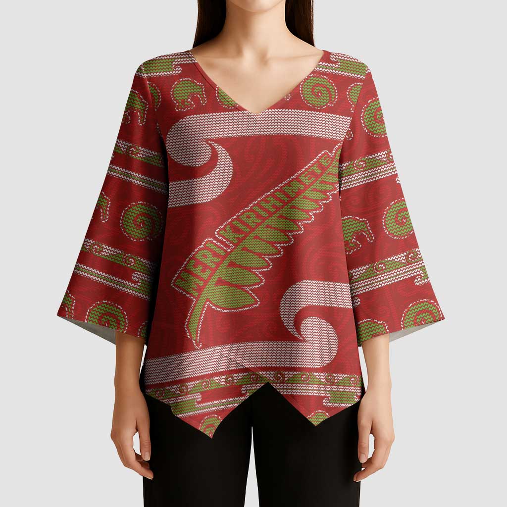 New Zealand Christmas Kimono Sleeve Blouse Meri Kirihimete Silver Fern Knit Style Green Color - Polynesian Pride