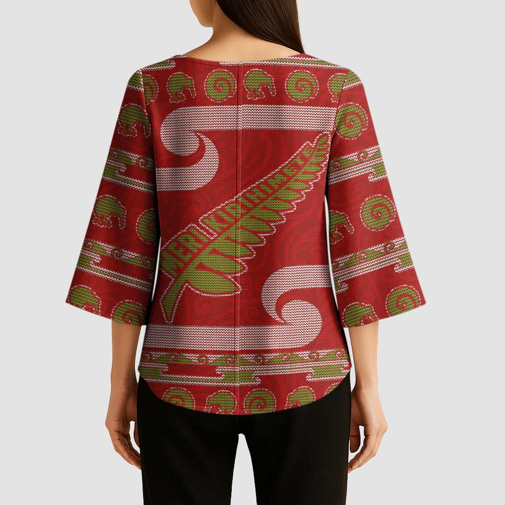 New Zealand Christmas Kimono Sleeve Blouse Meri Kirihimete Silver Fern Knit Style Green Color - Polynesian Pride