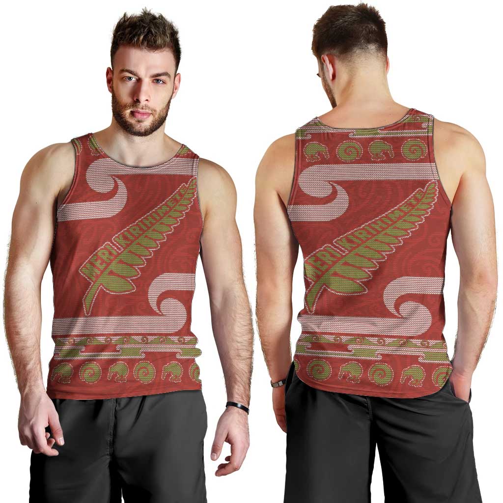 New Zealand Christmas Men Tank Top Meri Kirihimete Silver Fern Knit Style Green Color - Polynesian Pride