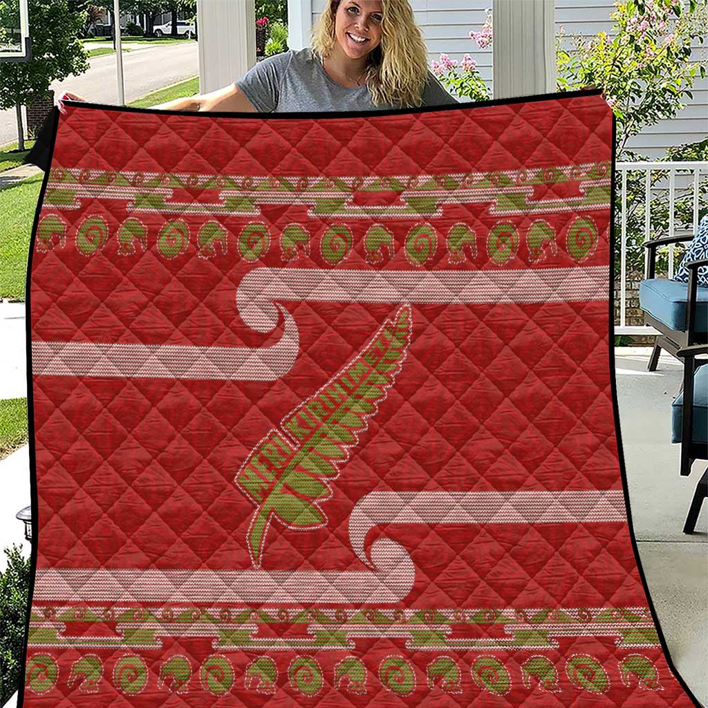 New Zealand Christmas Quilt Meri Kirihimete Silver Fern Knit Style Green Color - Polynesian Pride