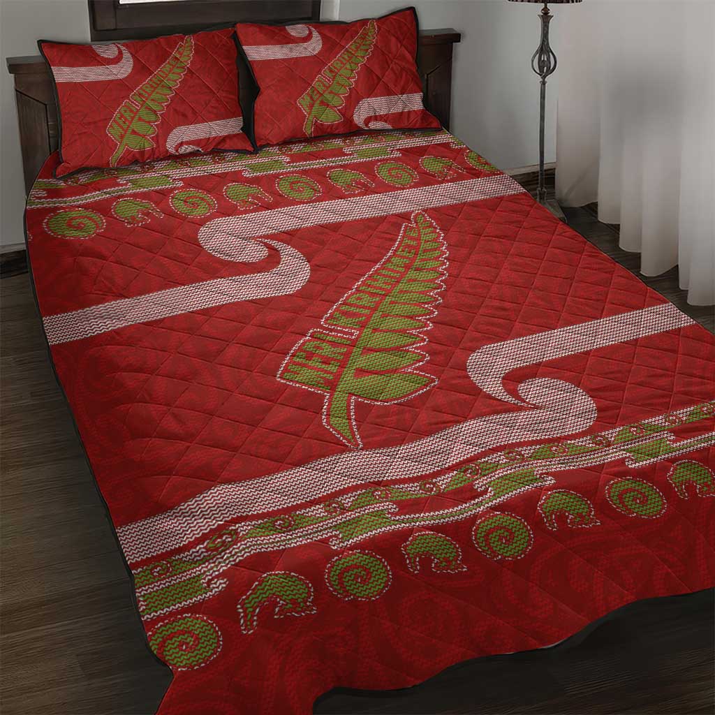 New Zealand Christmas Quilt Bed Set Meri Kirihimete Silver Fern Knit Style Green Color - Polynesian Pride