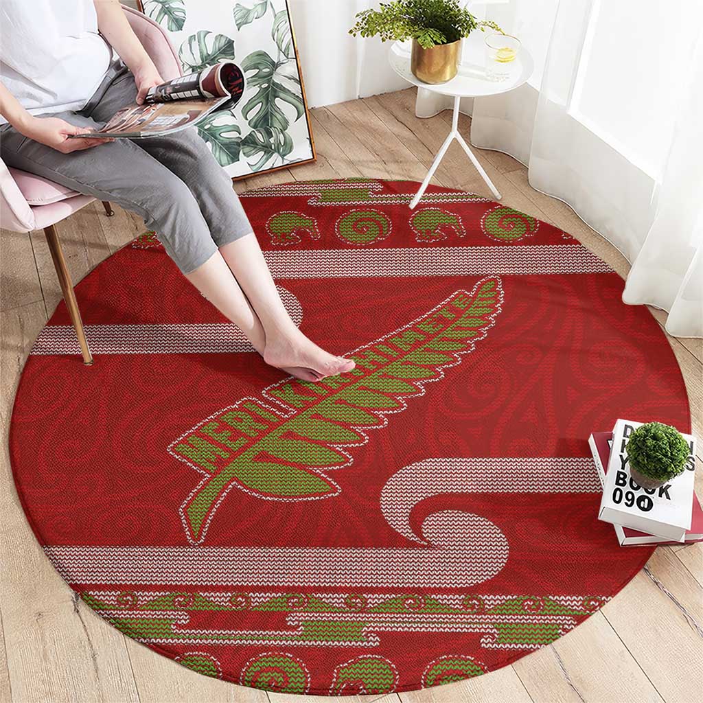 New Zealand Christmas Round Carpet Meri Kirihimete Silver Fern Knit Style Green Color - Polynesian Pride