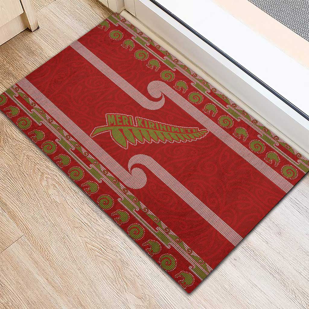 New Zealand Christmas Rubber Doormat Meri Kirihimete Silver Fern Knit Style Green Color - Polynesian Pride