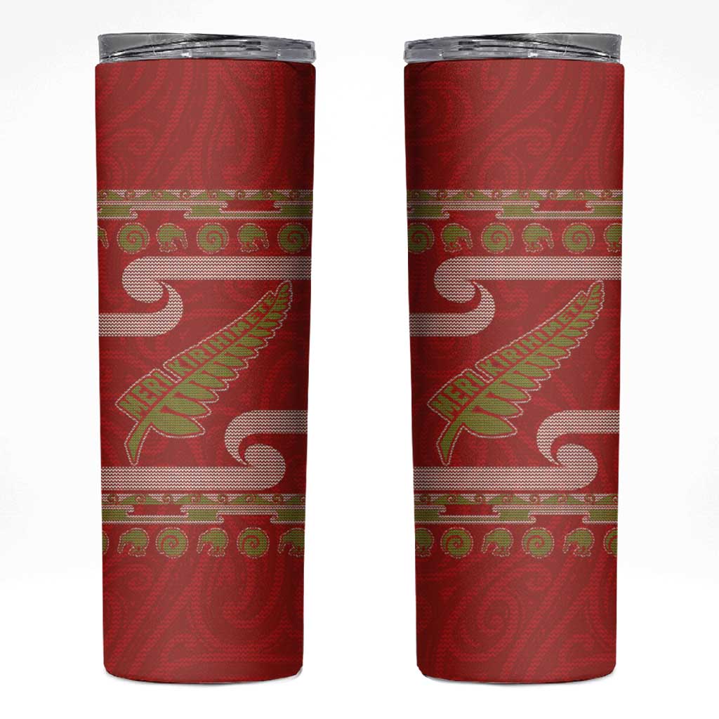 New Zealand Christmas Skinny Tumbler Meri Kirihimete Silver Fern Knit Style Green Color - Polynesian Pride