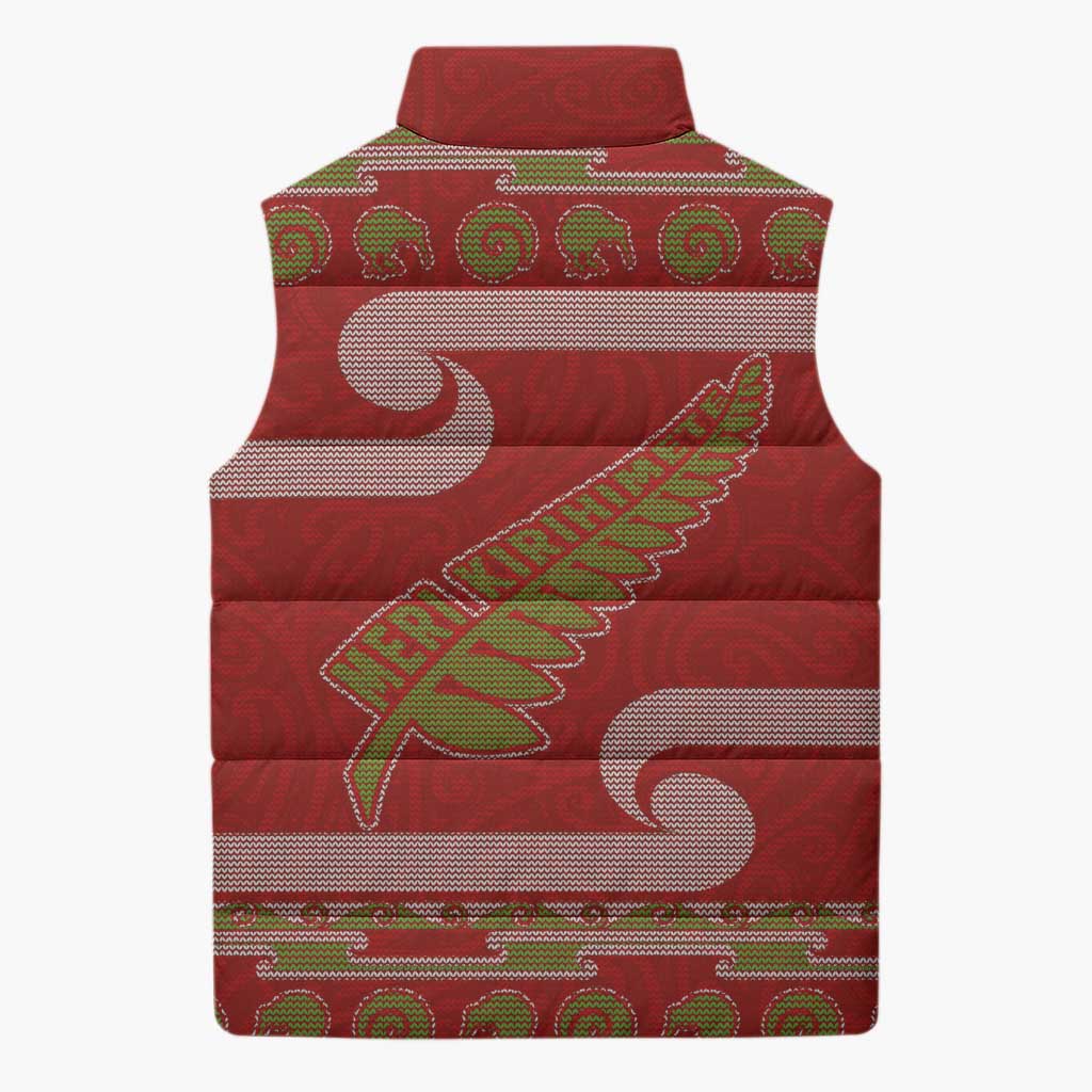 New Zealand Christmas Sleeveless Puffer Jacket Meri Kirihimete Silver Fern Knit Style Green Color - Polynesian Pride