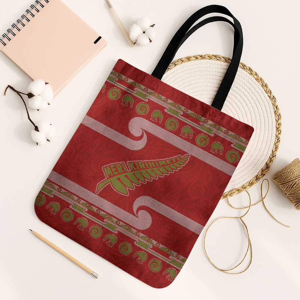 New Zealand Christmas Tote Bag Meri Kirihimete Silver Fern Knit Style Green Color - Polynesian Pride