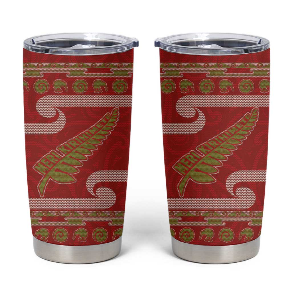 New Zealand Christmas Tumbler Cup Meri Kirihimete Silver Fern Knit Style Green Color - Polynesian Pride