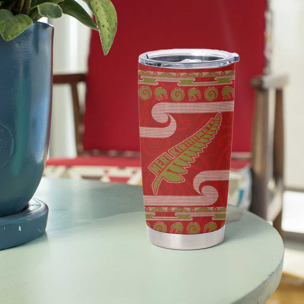 New Zealand Christmas Tumbler Cup Meri Kirihimete Silver Fern Knit Style Green Color - Polynesian Pride