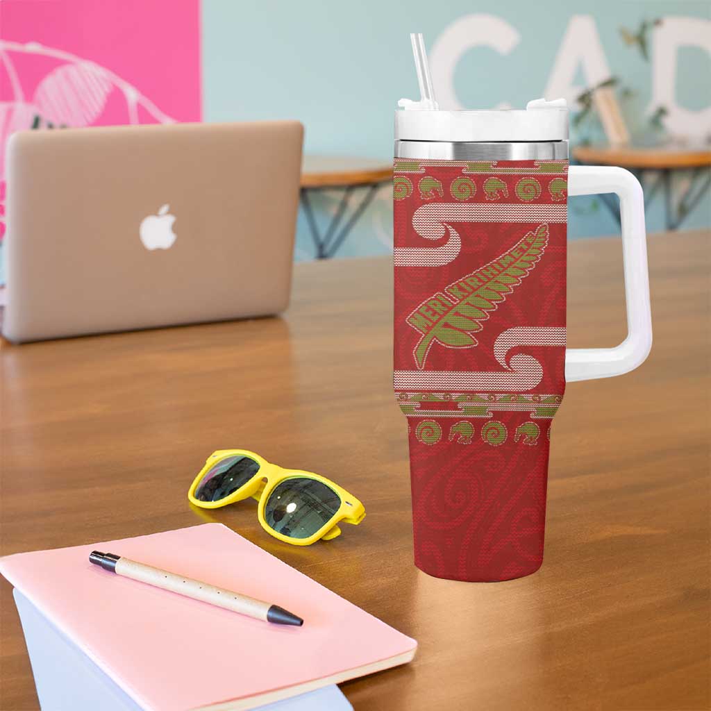 New Zealand Christmas Tumbler With Handle Meri Kirihimete Silver Fern Knit Style Green Color - Polynesian Pride