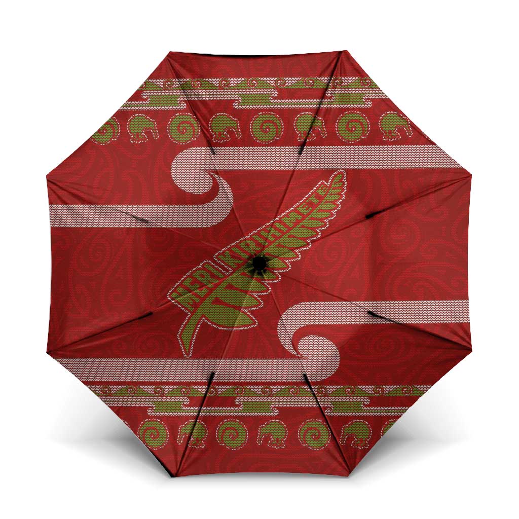New Zealand Christmas Umbrella Meri Kirihimete Silver Fern Knit Style Green Color - Polynesian Pride