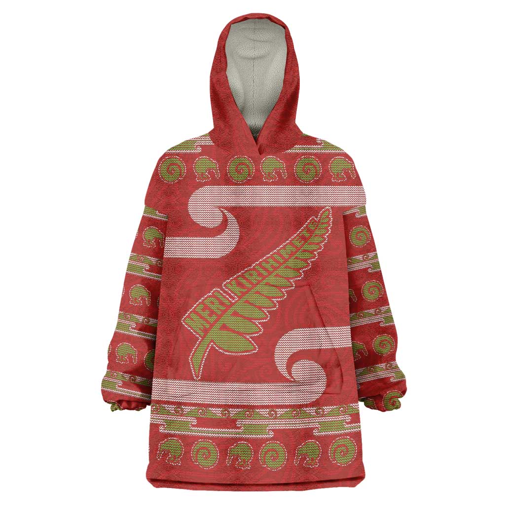 New Zealand Christmas Wearable Blanket Hoodie Meri Kirihimete Silver Fern Knit Style Green Color - Polynesian Pride