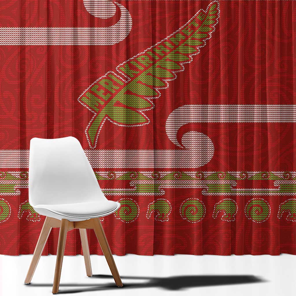 New Zealand Christmas Window Curtain Meri Kirihimete Silver Fern Knit Style Green Color - Polynesian Pride