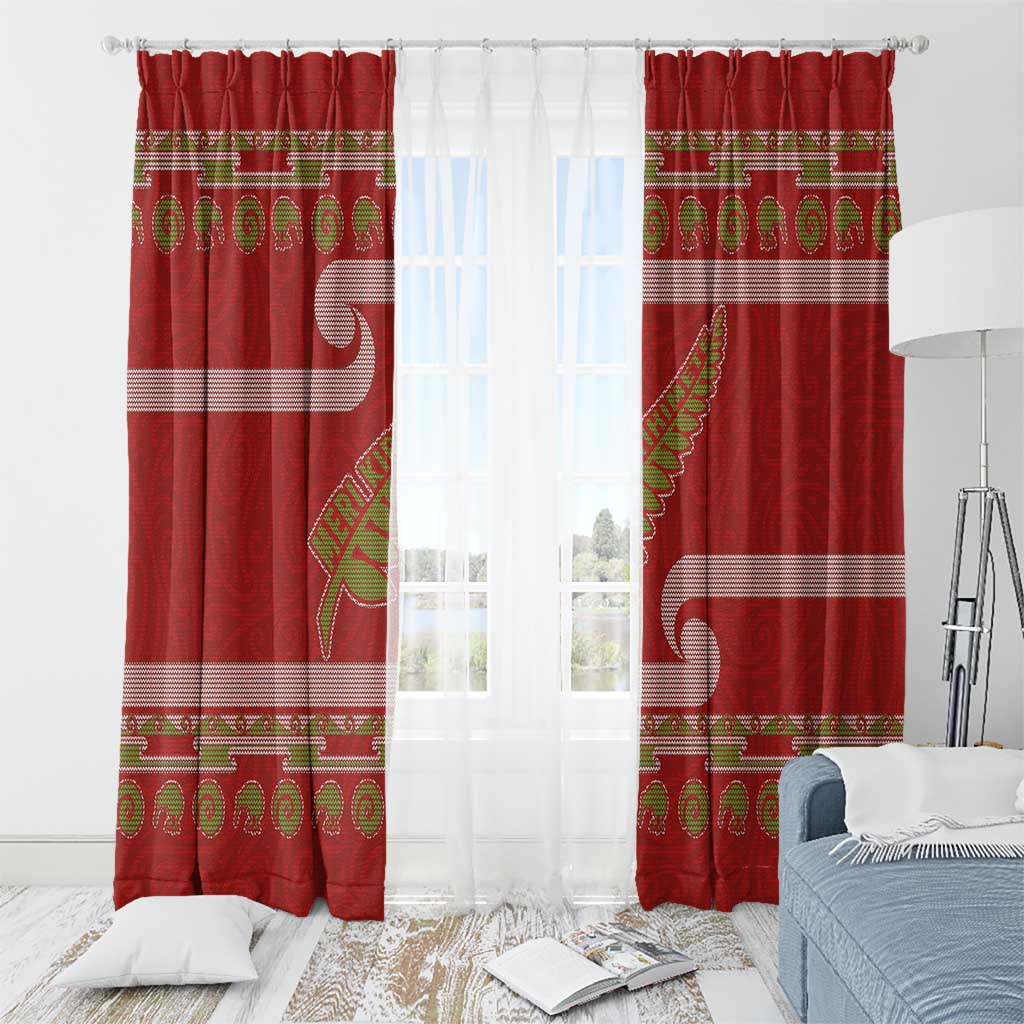 New Zealand Christmas Window Curtain Meri Kirihimete Silver Fern Knit Style Green Color - Polynesian Pride