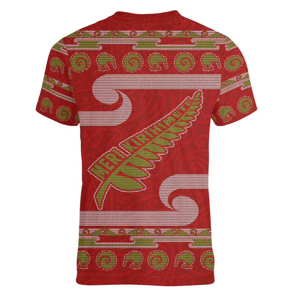 New Zealand Christmas Women V-Neck T-Shirt Meri Kirihimete Silver Fern Knit Style Green Color - Polynesian Pride