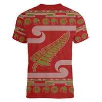 New Zealand Christmas Women V-Neck T-Shirt Meri Kirihimete Silver Fern Knit Style Green Color - Polynesian Pride