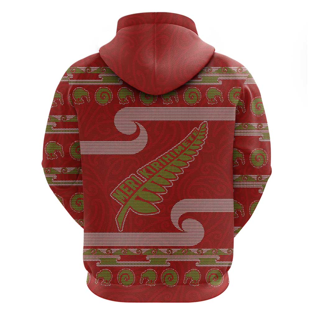 New Zealand Christmas Zip Hoodie Meri Kirihimete Silver Fern Knit Style Green Color - Polynesian Pride
