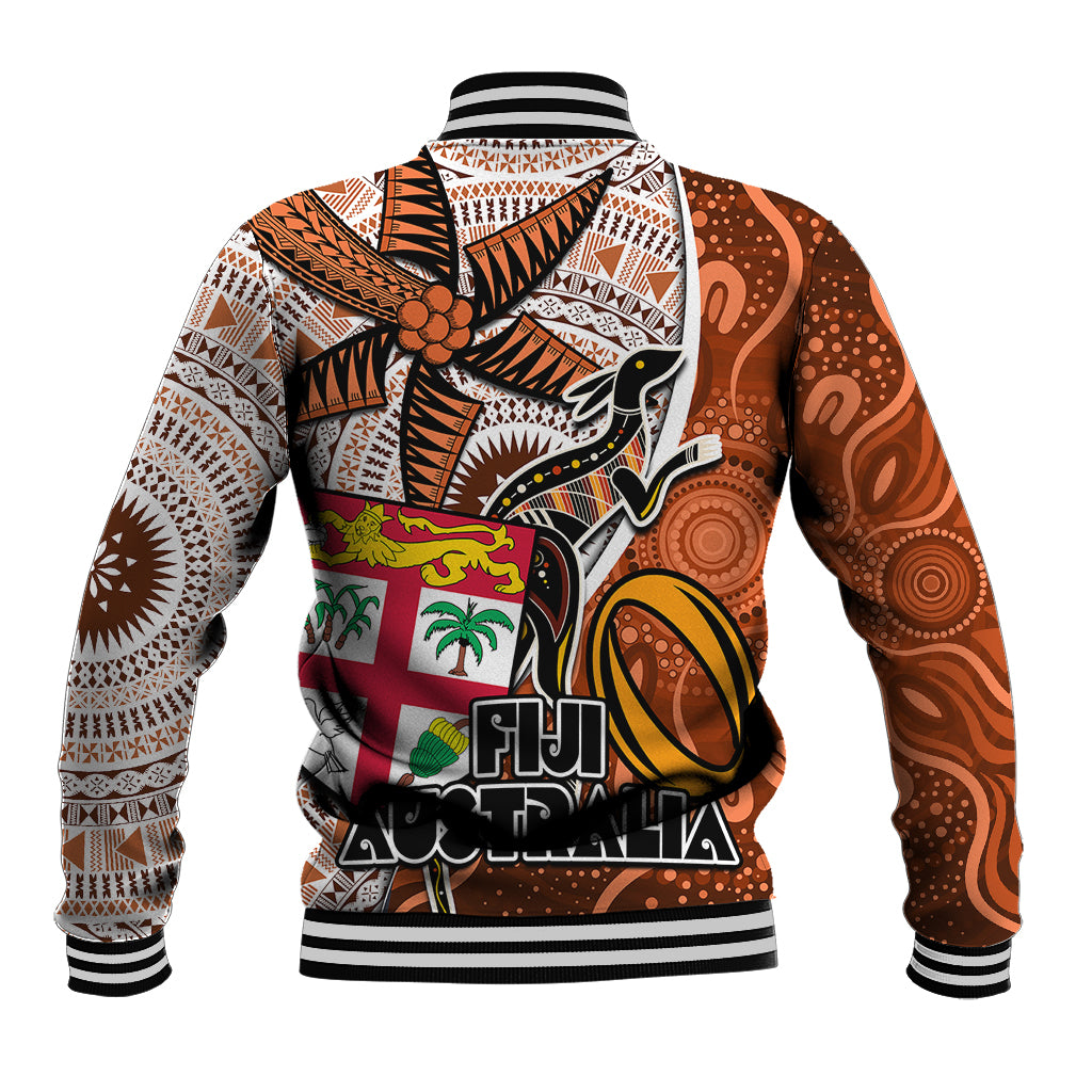Fiji Australia Rugby Baseball Jacket Kangaroo and Palm Tree Orange Tapa Pattern Mix Aboriginal LT03 - Polynesian Pride