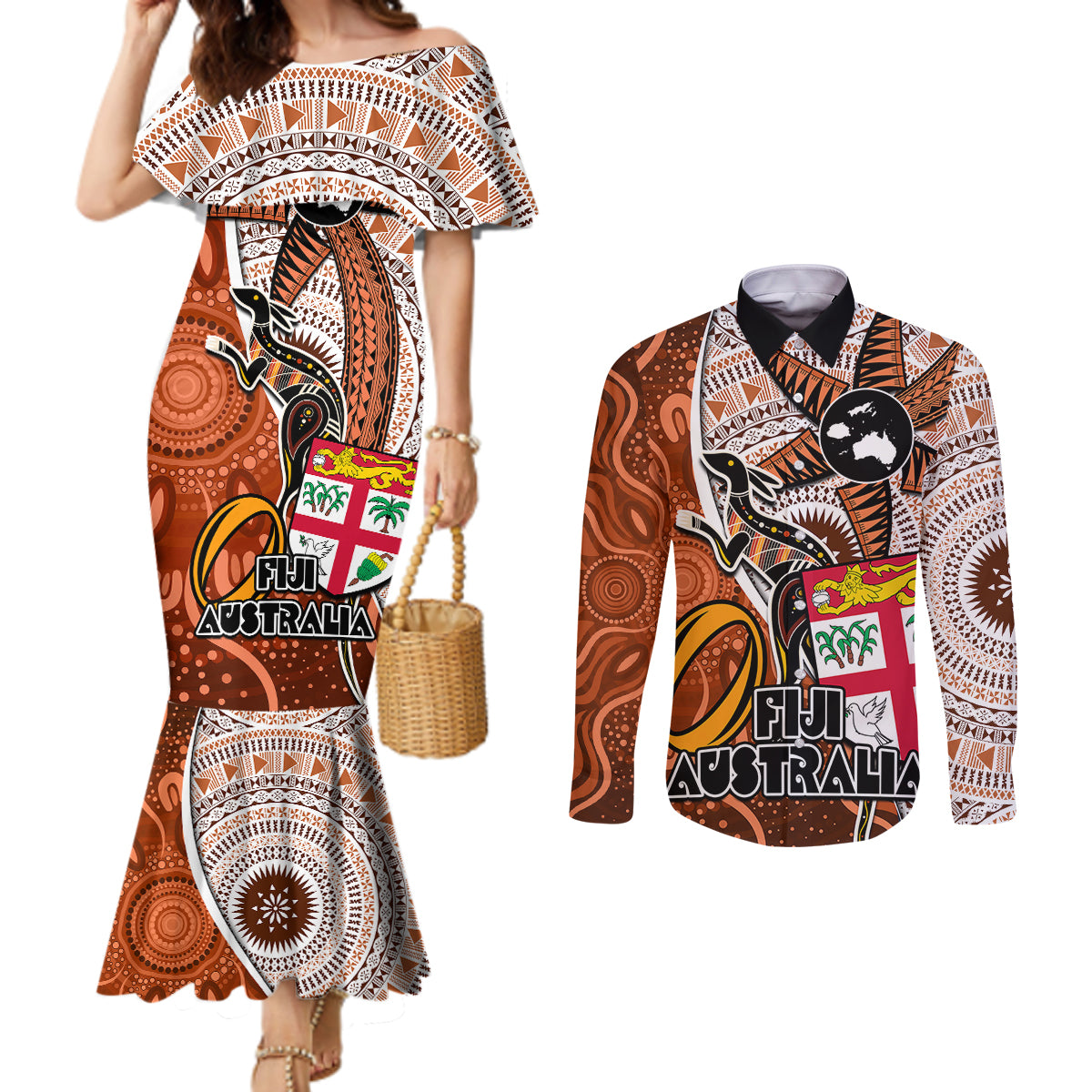 fiji-australia-rugby-couples-matching-mermaid-dress-and-long-sleeve-button-shirts-kangaroo-and-palm-tree-orange-tapa-pattern-mix-aboriginal