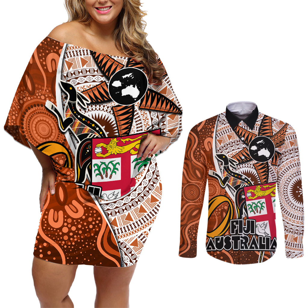 fiji-australia-rugby-couples-matching-off-shoulder-short-dress-and-long-sleeve-button-shirts-kangaroo-and-palm-tree-orange-tapa-pattern-mix-aboriginal